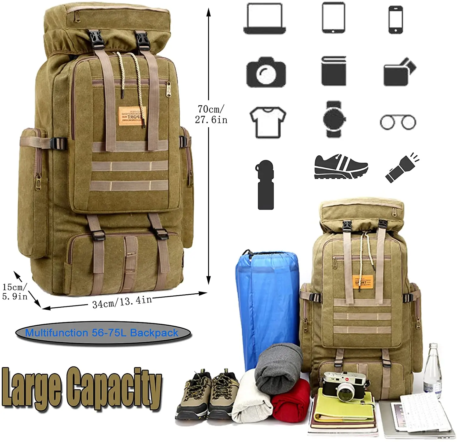 Outdoor Tactical Backpack,Mountaineering Backpack,75L Large Capacity Waterproof Military Backpack for Camping Hiking Traveling