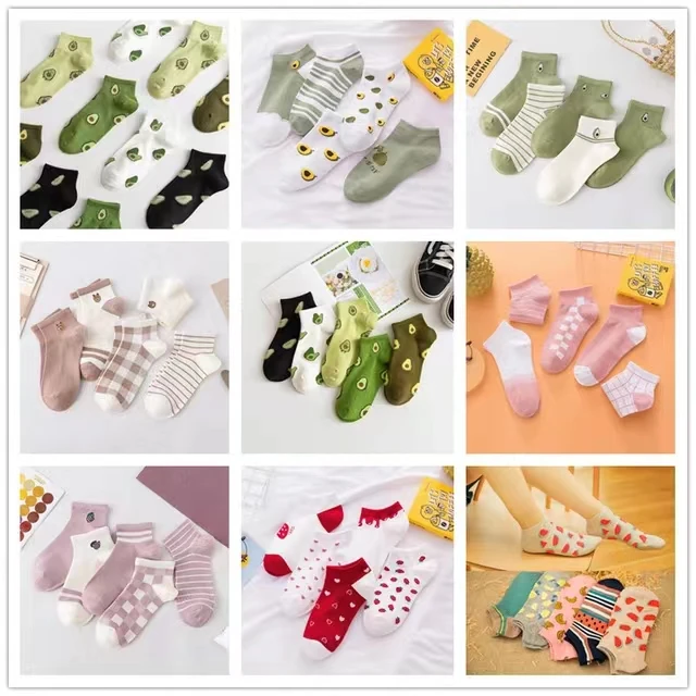 

5 Pairs Spring Summer Cotton Socks Women Avocado Strawberry Embroidery Breathable Funny Sock Harajuku School Girl Ankle Socks