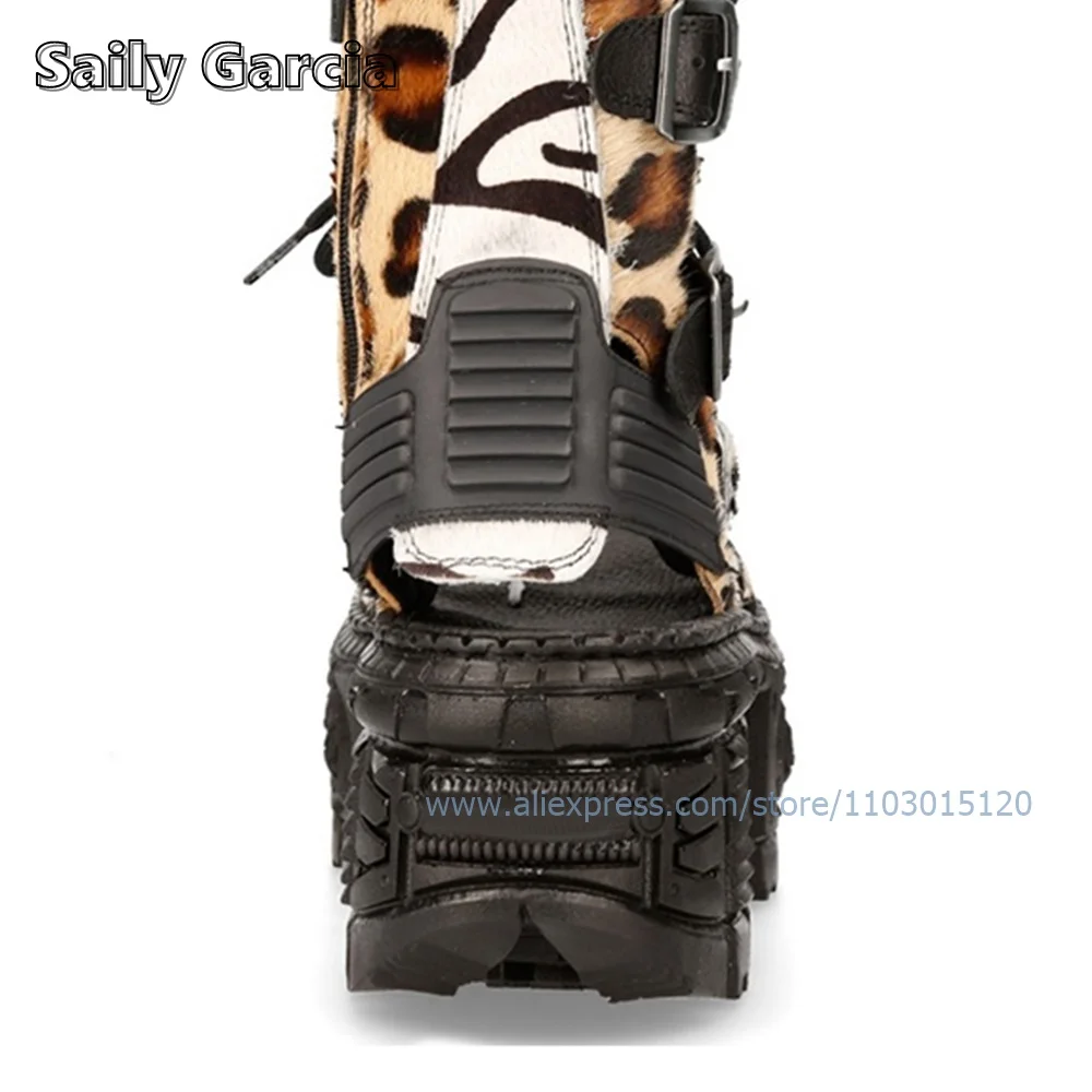 Сандалии Leopord до середины икры на толстой подошве ботинки с открытым носком