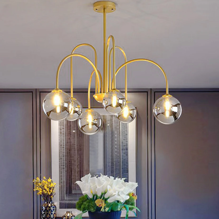 Chandelier Led Art Pendant Lamp Light  Room Decor Hand Blown Glass Gey Ball Bent Iron Spider Molecular Ceiling Live Vintage