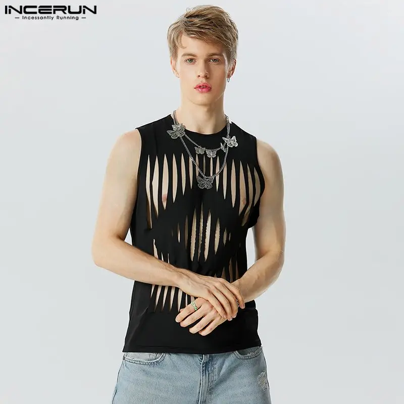 

INCERUN Tops 2023 Handsome Men's Fashion Diamond Hollowed Design Tank Tops Leisure Party Sexy Male Solid Sleeveless Vests S-5XL