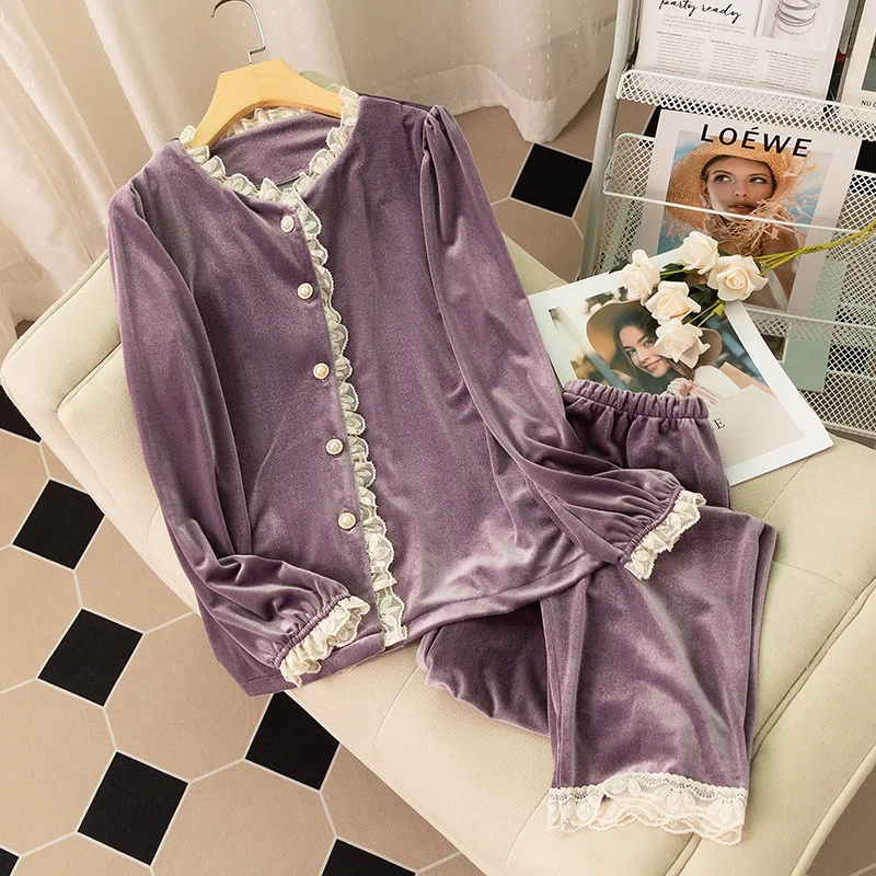 

Jxgarb Velvet Lace Pyjamas For Women Dropshipping Pijama Mujer Invierno Round Neck Cardigan Pajamas Sets Luxury