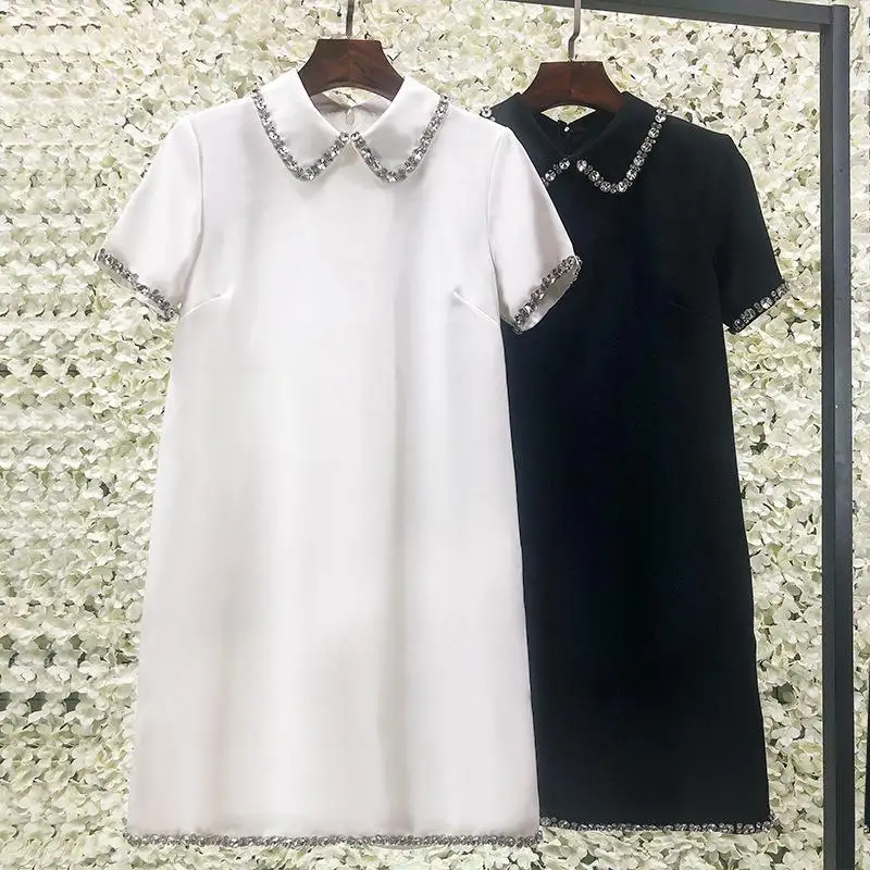 

Женское платье-трапеция с высокой талией, белое платье с коротким рукавом и кукольным воротником из бисера, лето 2023