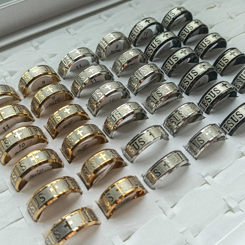 

10Pcs/Lot Fashion Crucifixion Jesus Stainless Steel Rings For Men Women 8mm Bevelled letter Jewelry Accessories Gift Souvenir