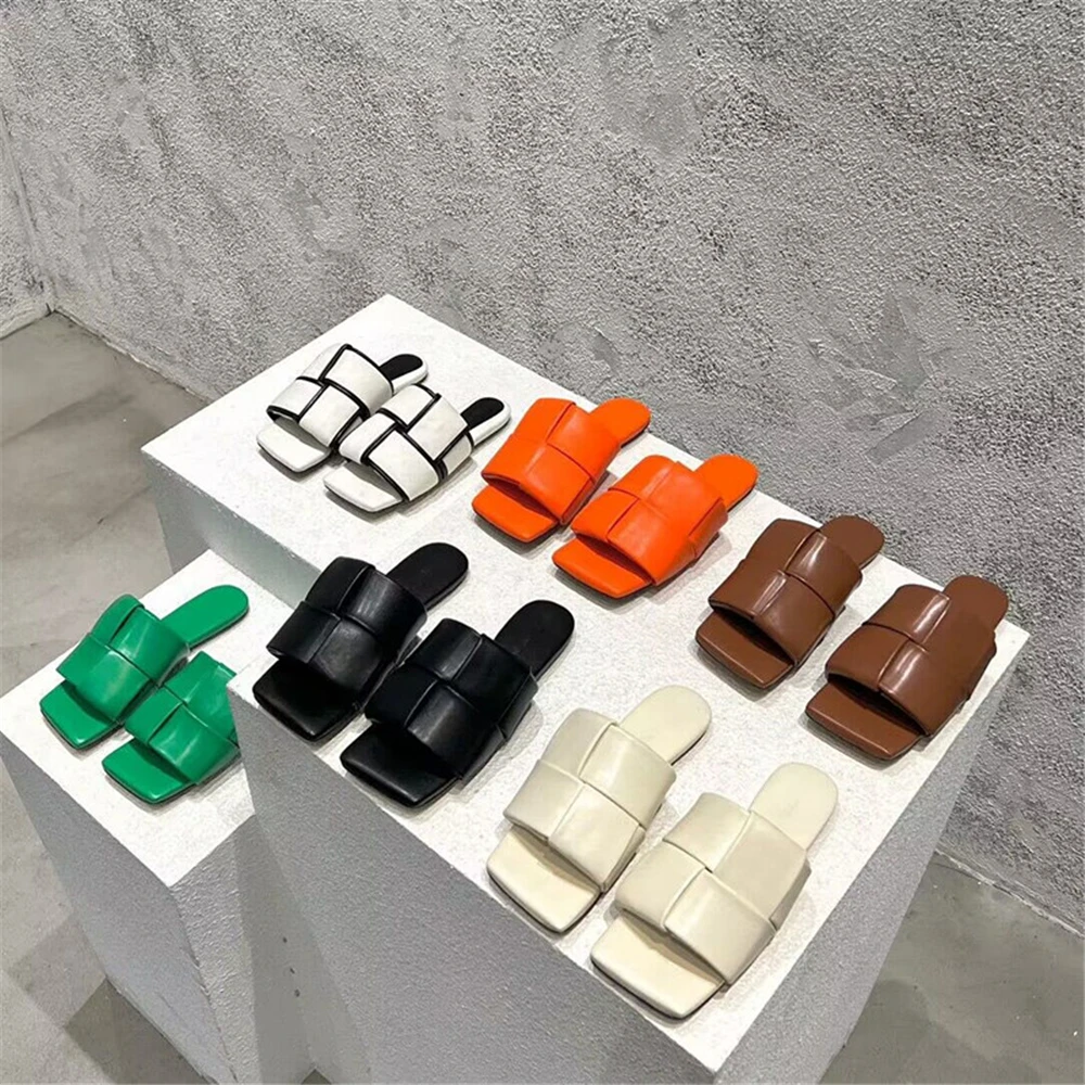 New Summer Slippers Square Toe Flat Woven Fashion Sandals Weave Monochrome Ladies Outdoor Holiday Casual Shoes Big Size 43