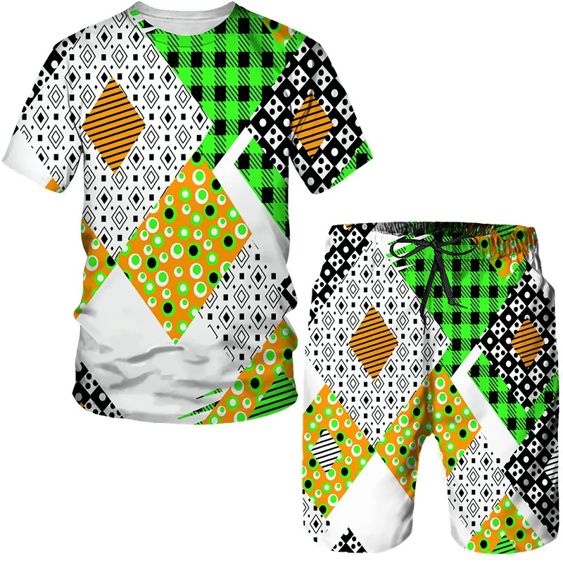 Fun Geometry Pattern Printing Men's T Shirt Loose O-neck Short Sleeve Tops Casual Comfortable Shorts 2 Piece Outfit Men Clothing