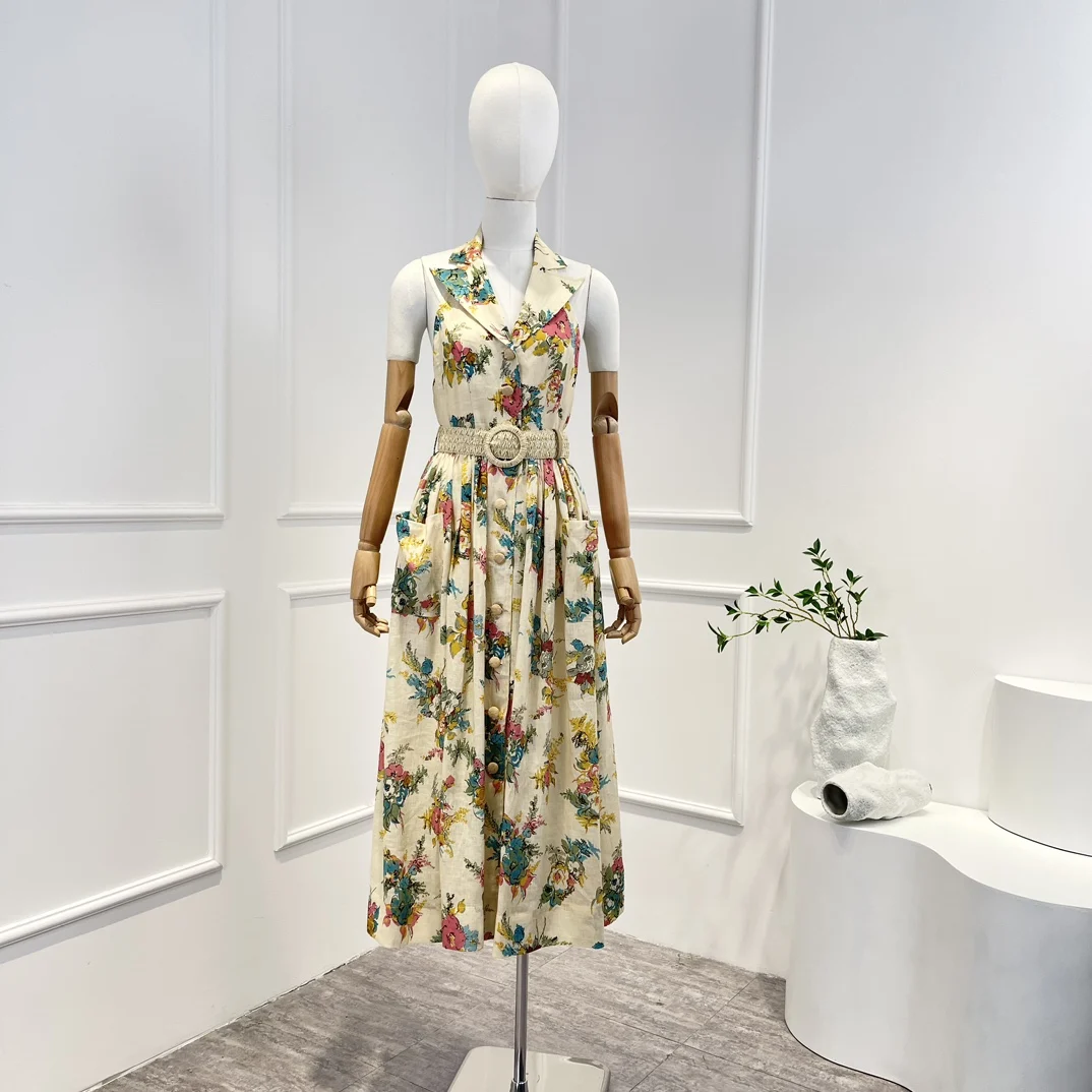 

Женское платье-миди из чистого льна, бежевое платье с цветочным принтом, отложным воротником и лямкой на шее, весна-лето 2023