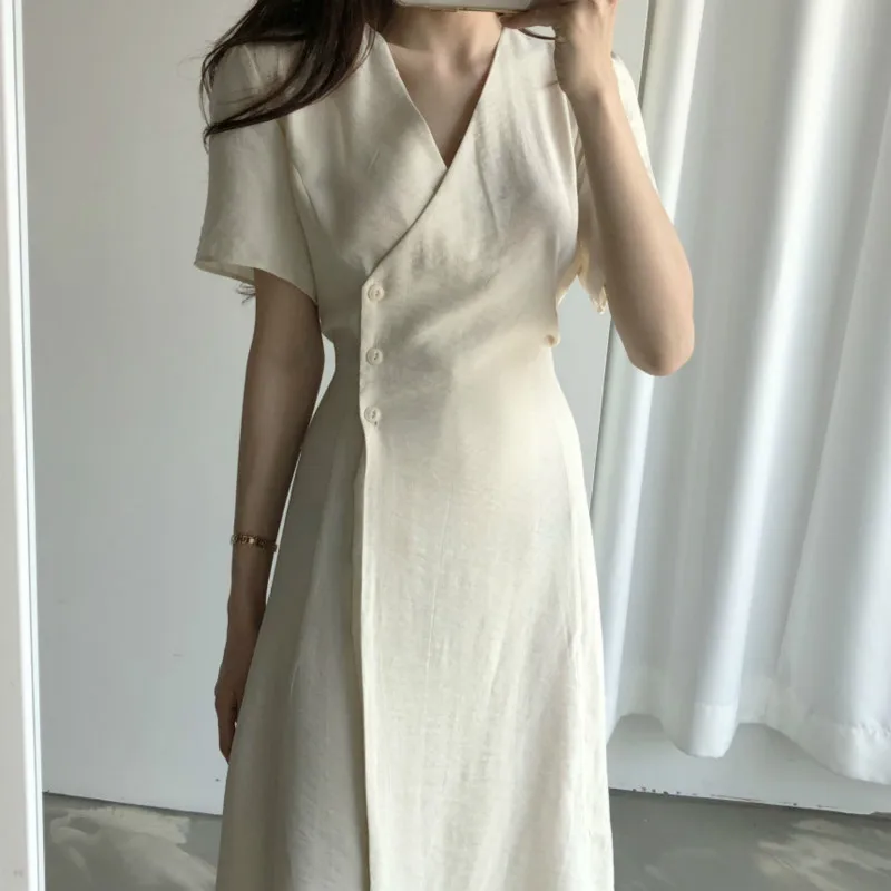 

Korean Fashion Chic Temperament V-neck Short Sleeve Long Wraped Dress Sashes Slim Waist A-line Solid Color Midi Dress for Women