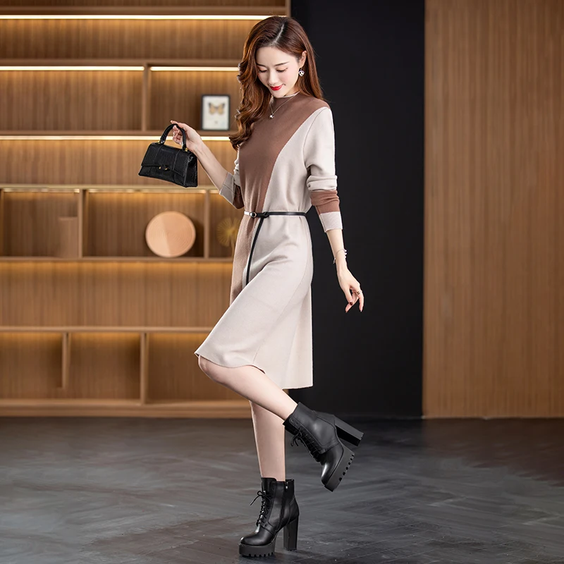 

Женское трикотажное платье-свитер средней длины, облегающее элегантное офисное платье составного кроя с длинным рукавом в Корейском стиле, Осень-зима 2023