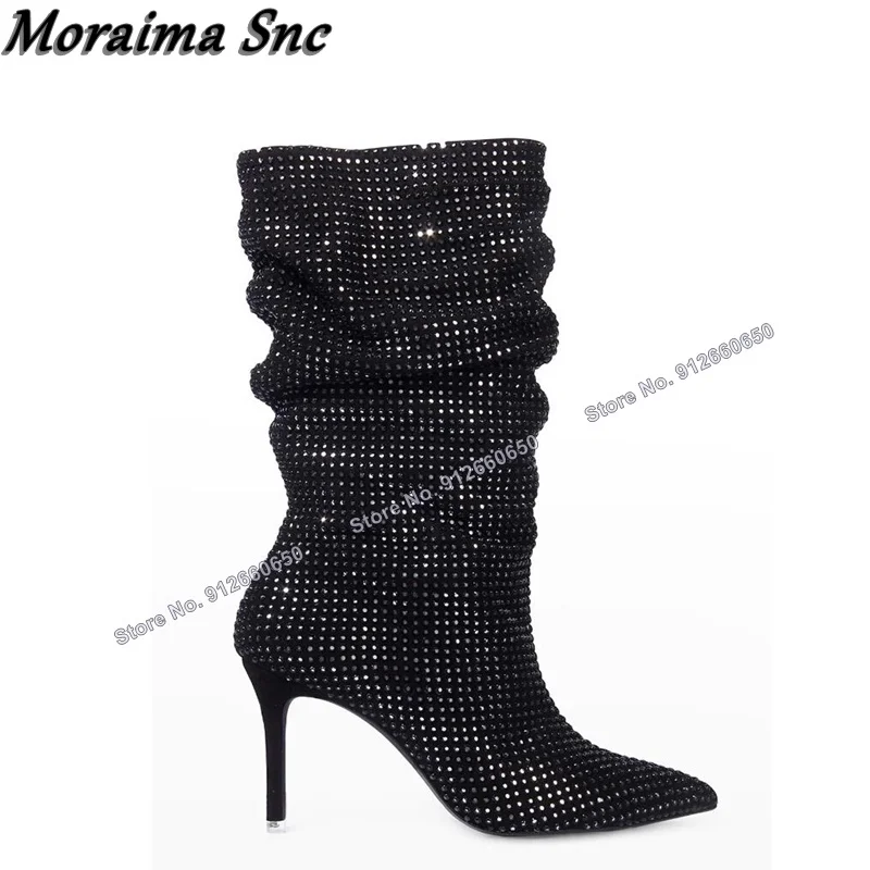 Moraima Snc Solid Pleated Black Crystal Boots for Women Mid Calf Boots Pointed Toe Stilettos High Heels Runway Shoes on Heels