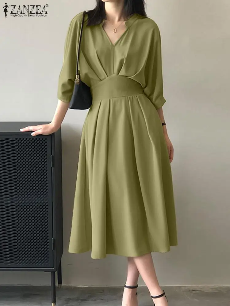 

ZANZEA Women Midi Dress 2022 Elegant V Neck Summer Short Sleeve Fashion Dating Vestidos Oversized OL Lady Party A Line Sundress