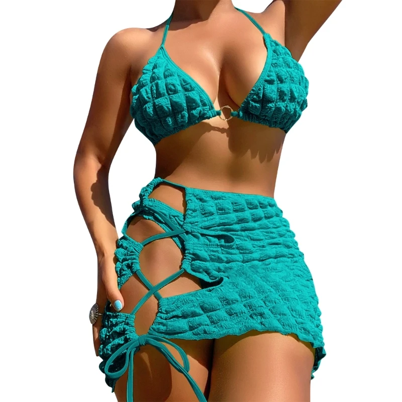

Сексуальный комплект бикини на шнуровке с лямкой на шее для женщин, женский раздельный купальник из 3 предметов, женский купальный костюм с открытой спиной и пляжной юбкой Ins
