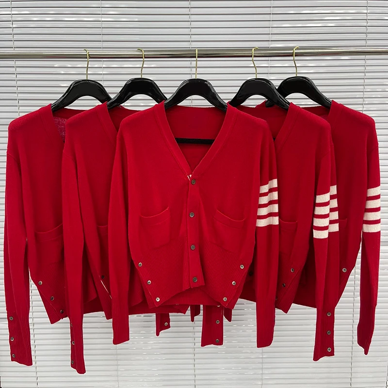 TB THOM Women Cardigan Sweaters Sleeve 4-Bar Striped Red Color Elegant Luxury Brand Autumn Winter Thin Knit Cardigan