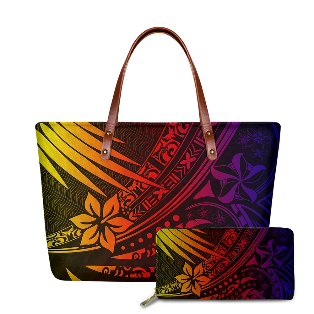 

HOMDOW Hawaiian Tribal Polynesian Hibiscus Printed Women PU Shoulder Bag 2Pcs/Set Tote Handbag&Wallet Lady Crossbody Bolsa