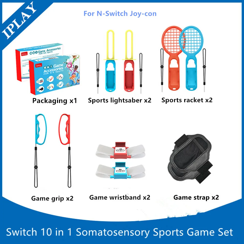 

Switch Sports 10 in 1 Somatosensory Sports Game Set Grip + Wrist Strap + Strap + Lightsaber + Tennis Racket for N-Switch Joy-con
