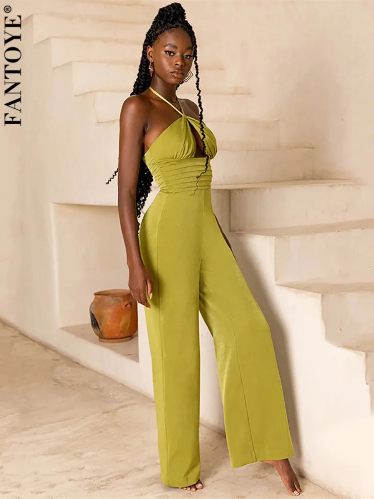

Fantoye Bodycon Backless Sexy Strapless Women Jumpsuits Green Halter Hollow Out Slim Jumpsuits Summer Skinny Fashion Streetwear