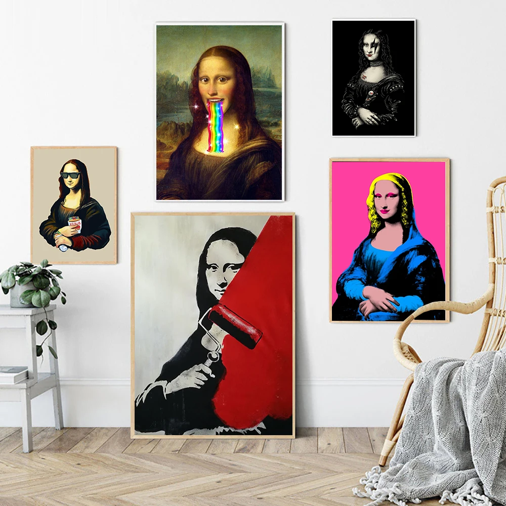 

Funny Mona Lisa Portrait Poster And Print Wall Art Nordic Canvas Painting Living Room Bar Or Hotel Decorate Home Mural Frameless