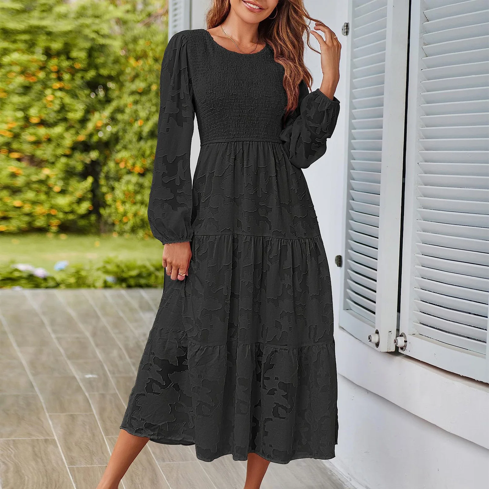 

Women Jacquard Swing Dress Solid Color Ladies Shrink Midi Dress Slim Fit Sexy Style Puff Sleeve Crew Neck Vacation Outfit