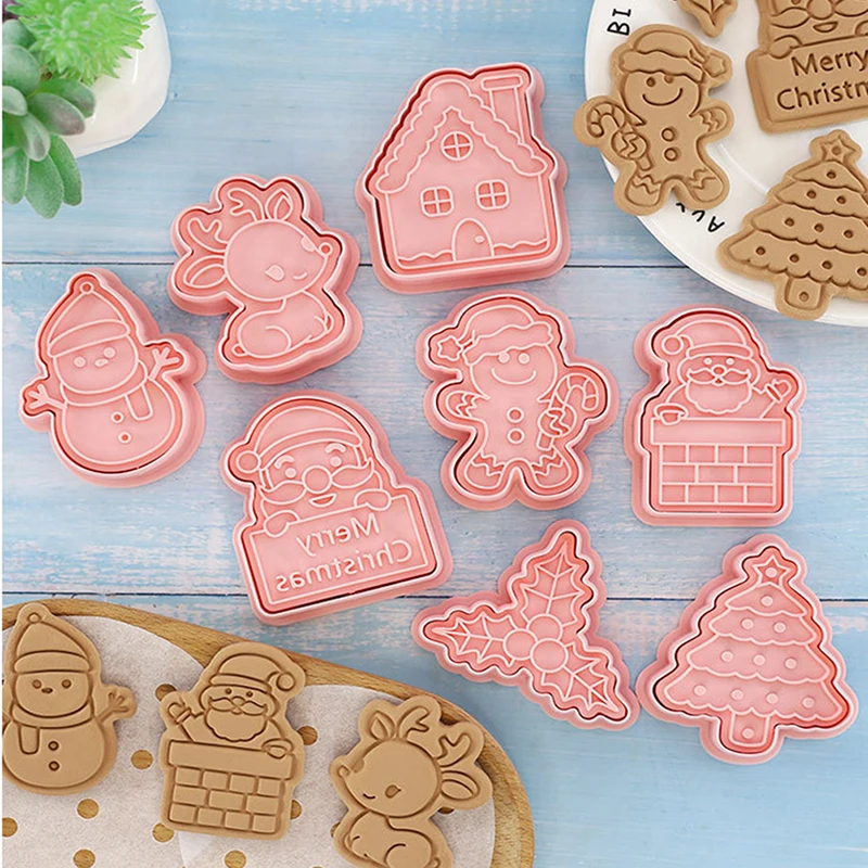 

8Pc/set Christmas Cookie Embosser Mold Cartoon Santa Snowflake Pattern Cookie Cutter New Year Party Fondant Cake Decorating Tool