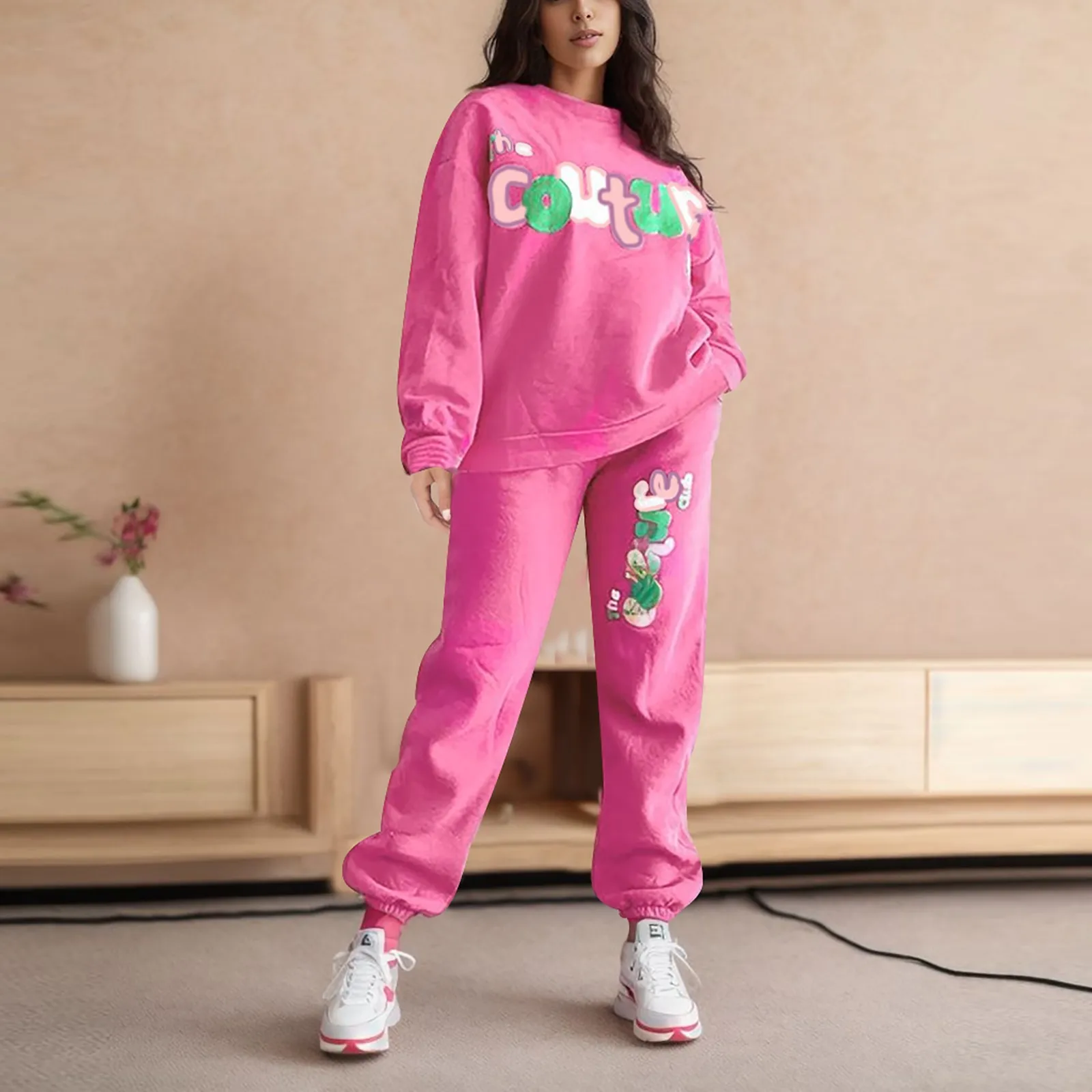 

Women Pullover Tracksuit 2 Pieces Set Solid Color Letter Print Sports Sweatshirts Pants Suit Home Sweatpants Trousers Outfits