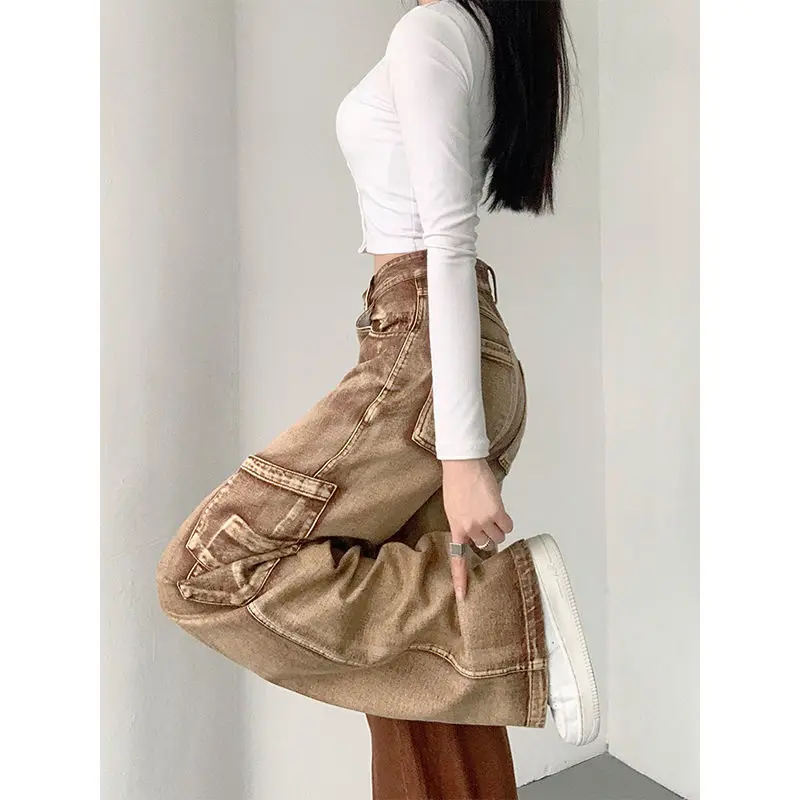 

High Waist Brown Womens Loose Tooling Jeans 2021 Winter Fashion Y2K Straight Leg Denim Trousers Retro Loose High Waist Mom Jeans