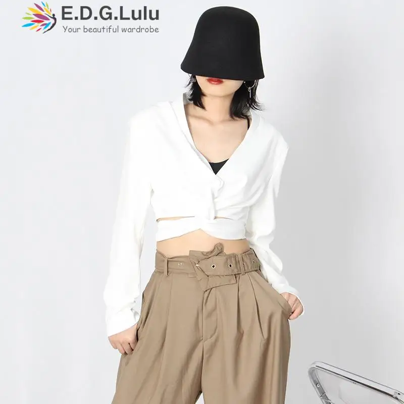 

EDGLuLu Fashion V-neck Irregular Lace-up Slim Blazer Women Long Sleeve Short Jacket Female White Apricot Tops 2022 New 0607