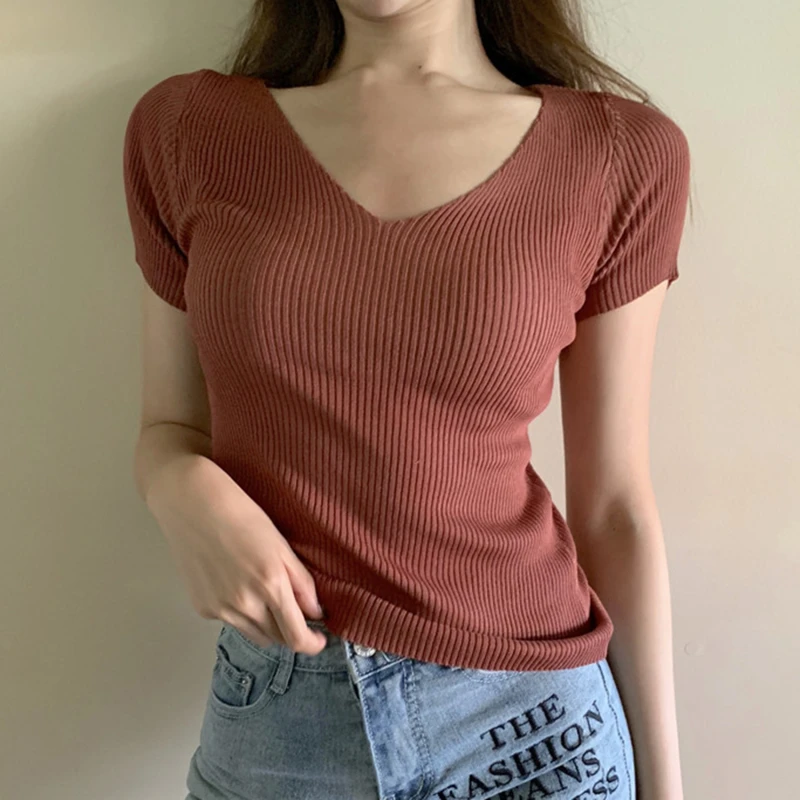 

Summer Korean Version Slim V-neck Bottom Shirt Vintage Short-sleeved T-shirt Versatile Knitwear Top Women's Sweater