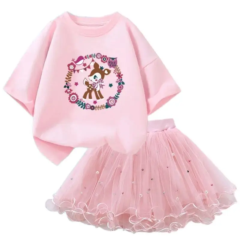 

New Style Girls Christmas Summer Clothing 2 Piece GIRL'S Cute Reindeer T-shirt and Tutu Skirt Set Party Clothes