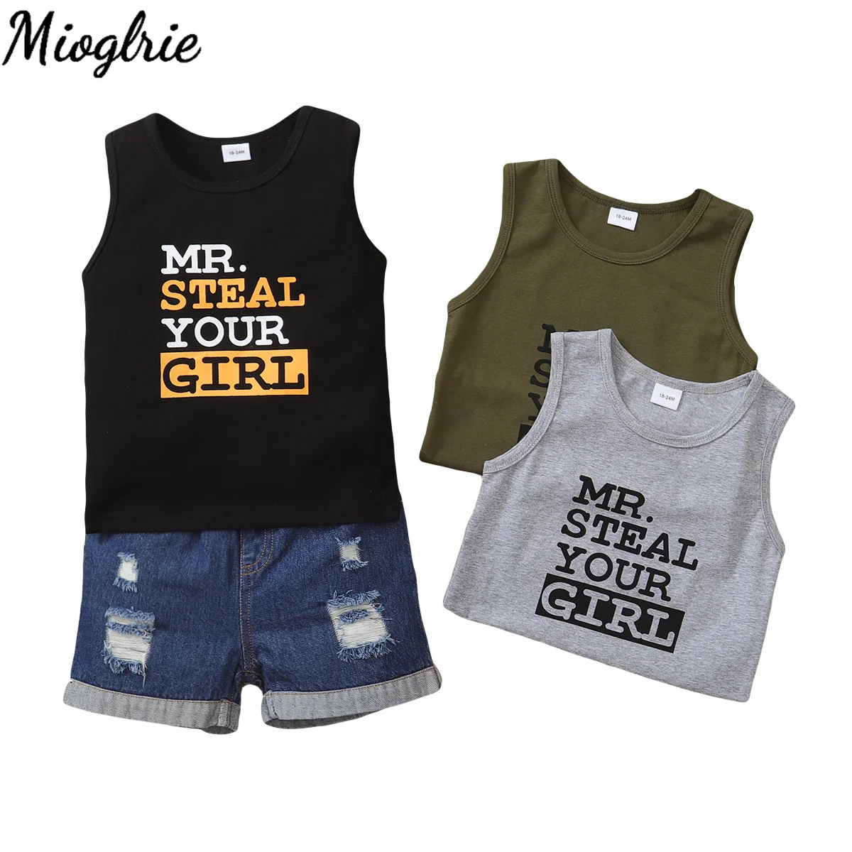 

Детский комплект из топа без рукавов с принтом и рваных джинсов