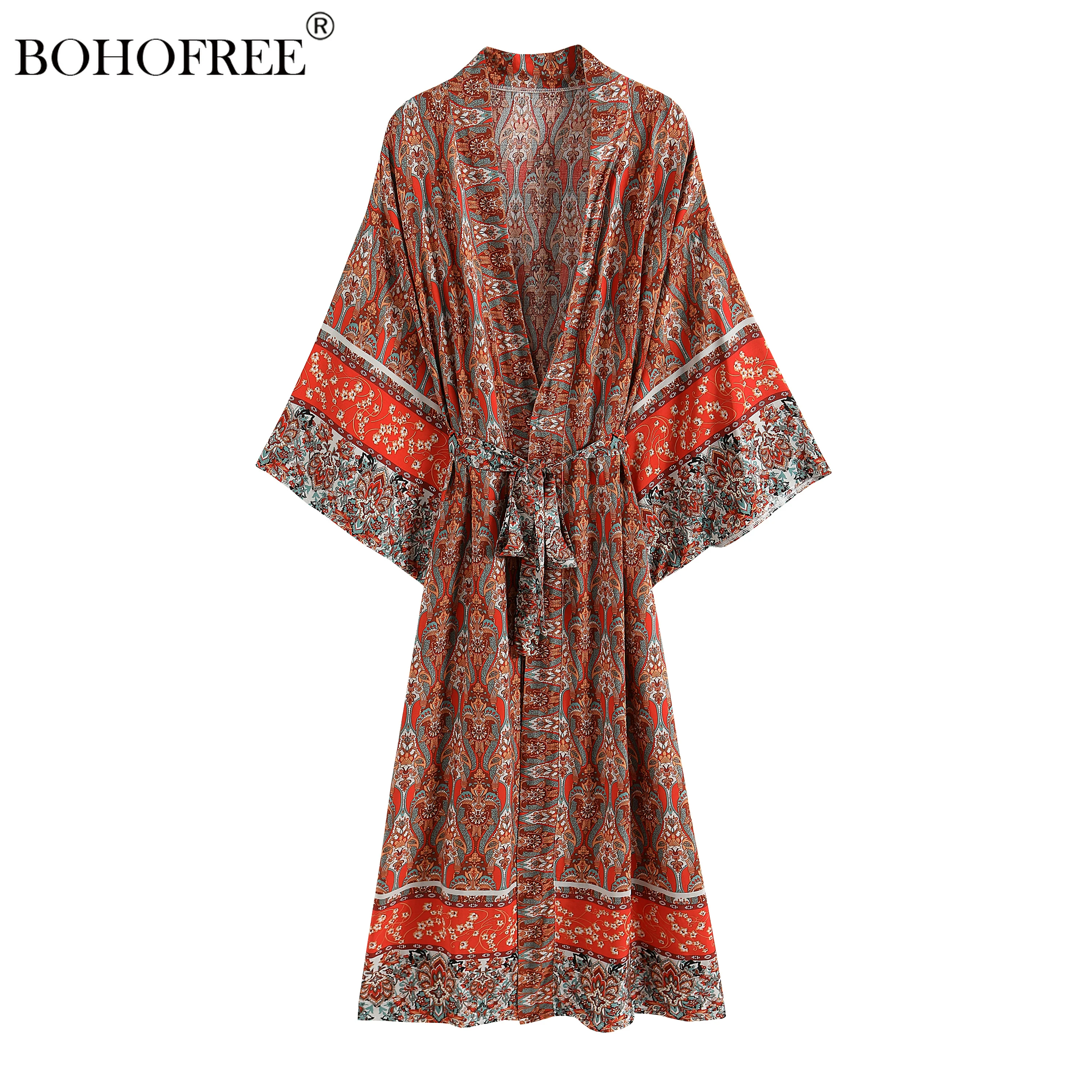 Vintage Chic Rayon Cotton Kimono Bohemian Totem Robes Batwing Sleeve Belt Holiday Long Duster Mujer Wrap Dresses Ethnic Vestidos