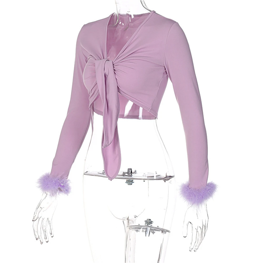 Женская футболка со шнуровкой и длинным рукавом сексуальные пушистые