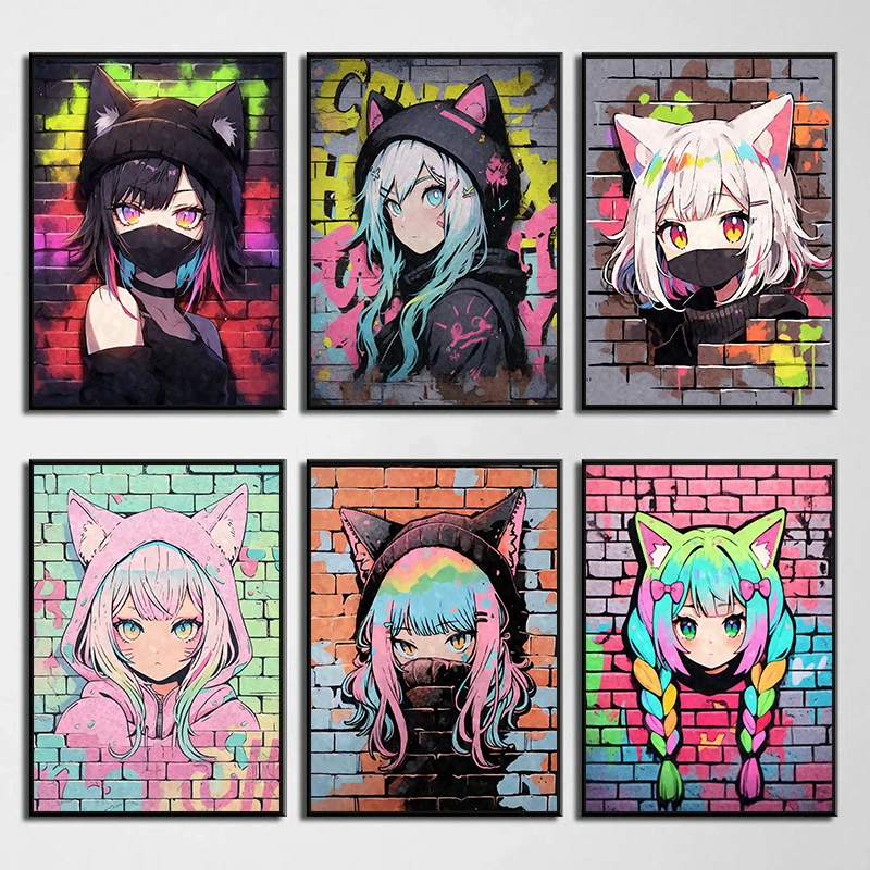 Милые постеры с граффити в стиле аниме, кошка, девушка, принты, Картина ...