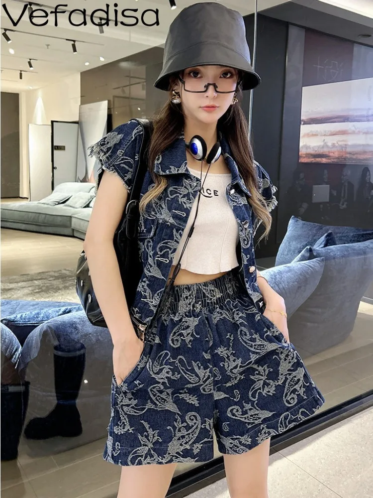 

Vefadisa 2023 Summer New Blue Phoenix Tail Washed Straight Denim Matching Set Women Two-piece Sleeveless Vest + Short ZXF272B