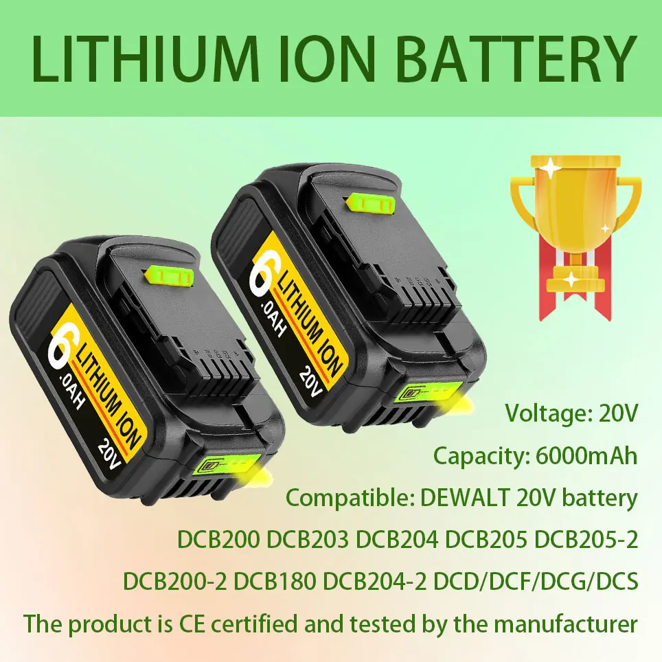 

Batteryreplacement parts are suitablefor Dewalt 20Vlithium battery XR DCB204 DCB206 DCB205-2 DCB201 20V DCD/DCF/DCG series