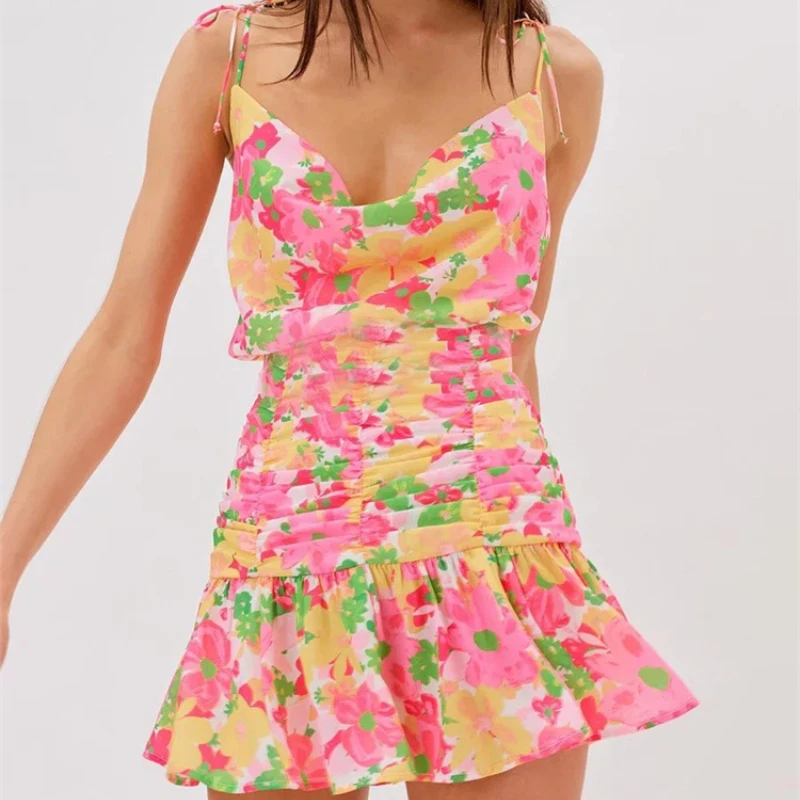 

Y2K Pullover Pleated High Waist Sexy Backless Print Suspenders Bodycon Dress Streetwear Fashion Elegant Patchwork Contrast Dress