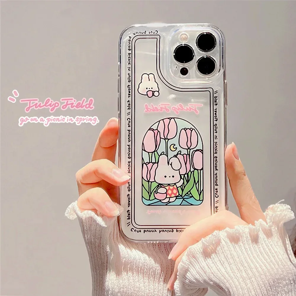 Прозрачный чехол для телефона Сладкий тюльпан сад луна кролик iPhone 16 15 14 13 11 12 Pro Max