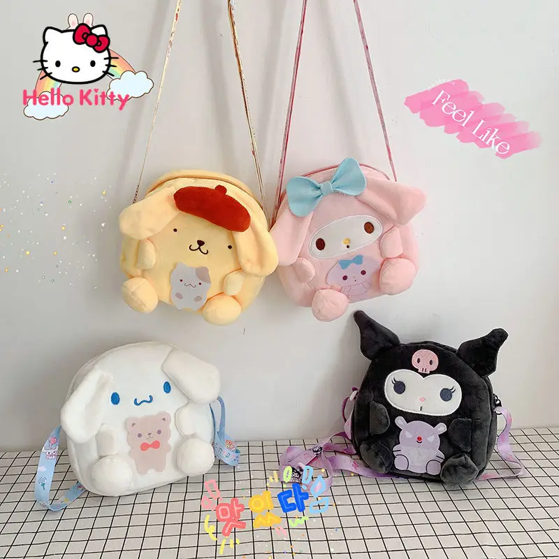 

Hello Kitty Kuromi Diagonal Bag Cartoon Plush Mobile Phone Bag Cute 3D Decoration Mini Coin Purse with Zipper Lanyard Girls Bag
