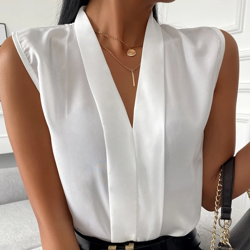 

Summer Sleeveless White Chiffon Shirt Women Office Lady Tops V Neck Casual Loose Shirt Fashion Pullover Elegant Blouses 24758