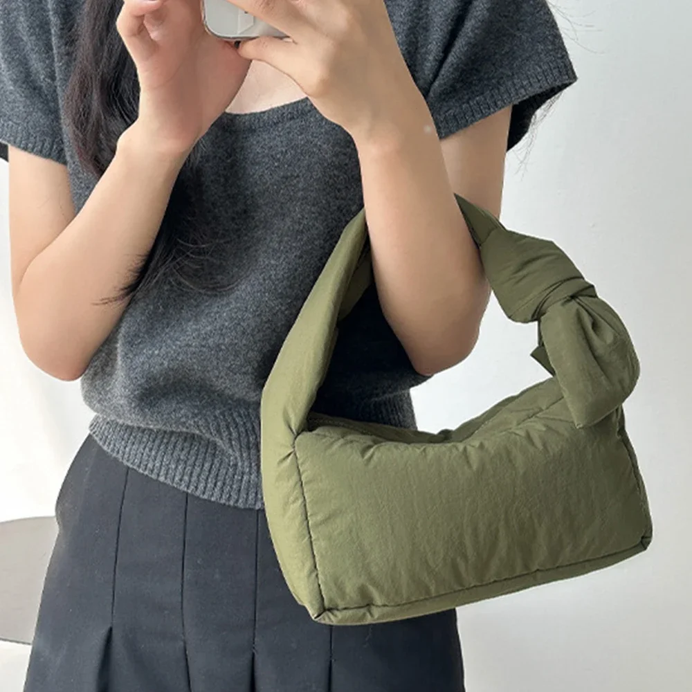 

Winter Cotton Padded Shoulder Bag Casual Knot Handle Women's Handbags Soft Warm Down Space Bags for Women Mini Phone Flap Clutch
