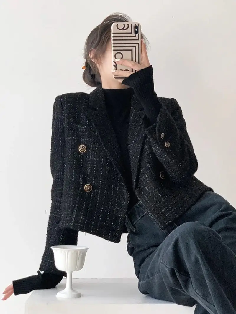 

UNXX Elegant Plaid Notched Women Blazer Buttons Plus Thicken Winter Causal Tweed Coat Office Ladies Suit Jacket Black Short Tops