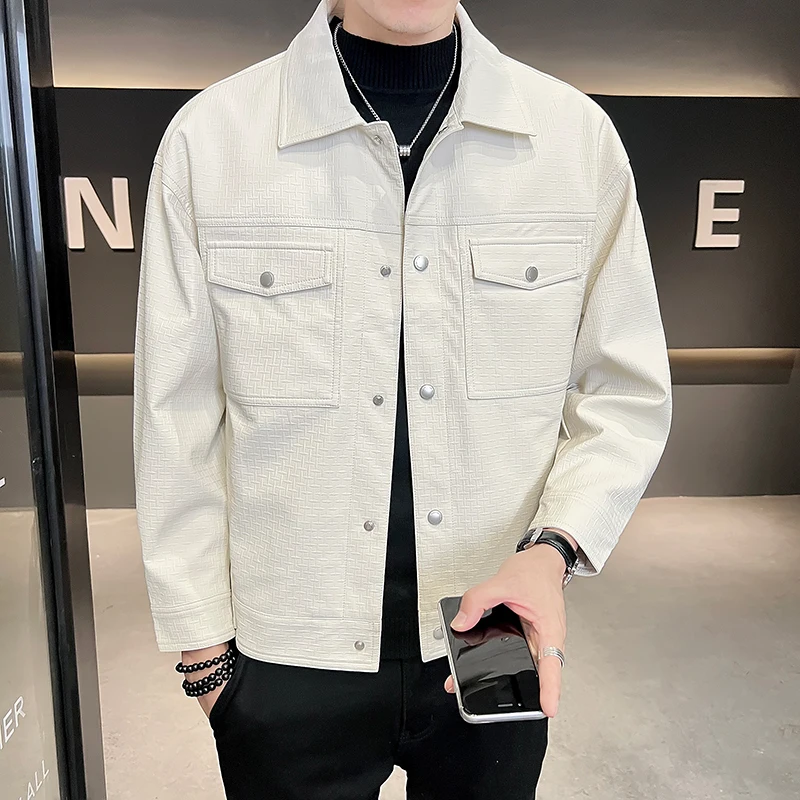 

New Autumn Men's Fashion Trend High Quality Simple Three-dimensional Stick Slim Shape Solid Color Pattern Bag Leather Men Coats