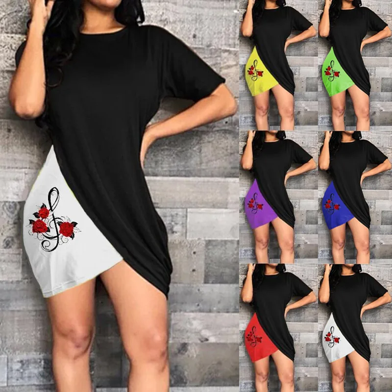 

2022 Summer Women Elegant Fashion Cross Patchwork Hip Dress Short Sleeve Casual Bodycon Dresses Floral Print Mini Party Dress