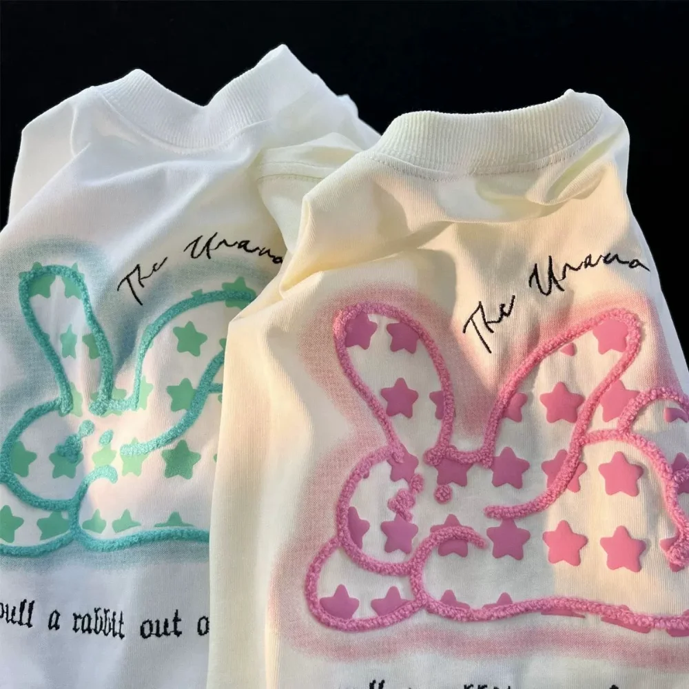 

Vintage Y2K Stars Rabbit Cartoon Embroidery T Shirts Apricot Cotton Short Sleeve Tees Men Women Oversized Tops Harajuku Korean