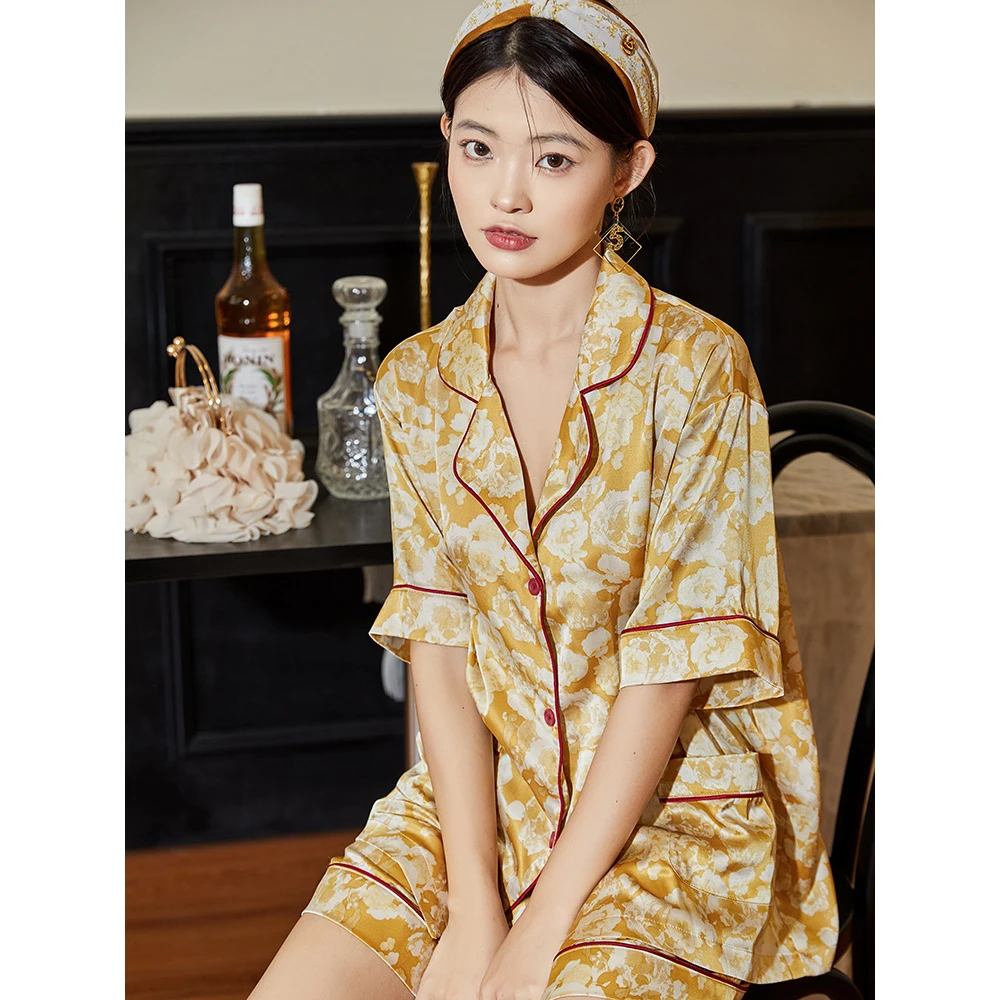 Maison Gabrielle 2022 Summer New Printed Pajamas Set Koungewear Sleepwear for Women 2 Pieces Short Sleeves Silk Vintage Style