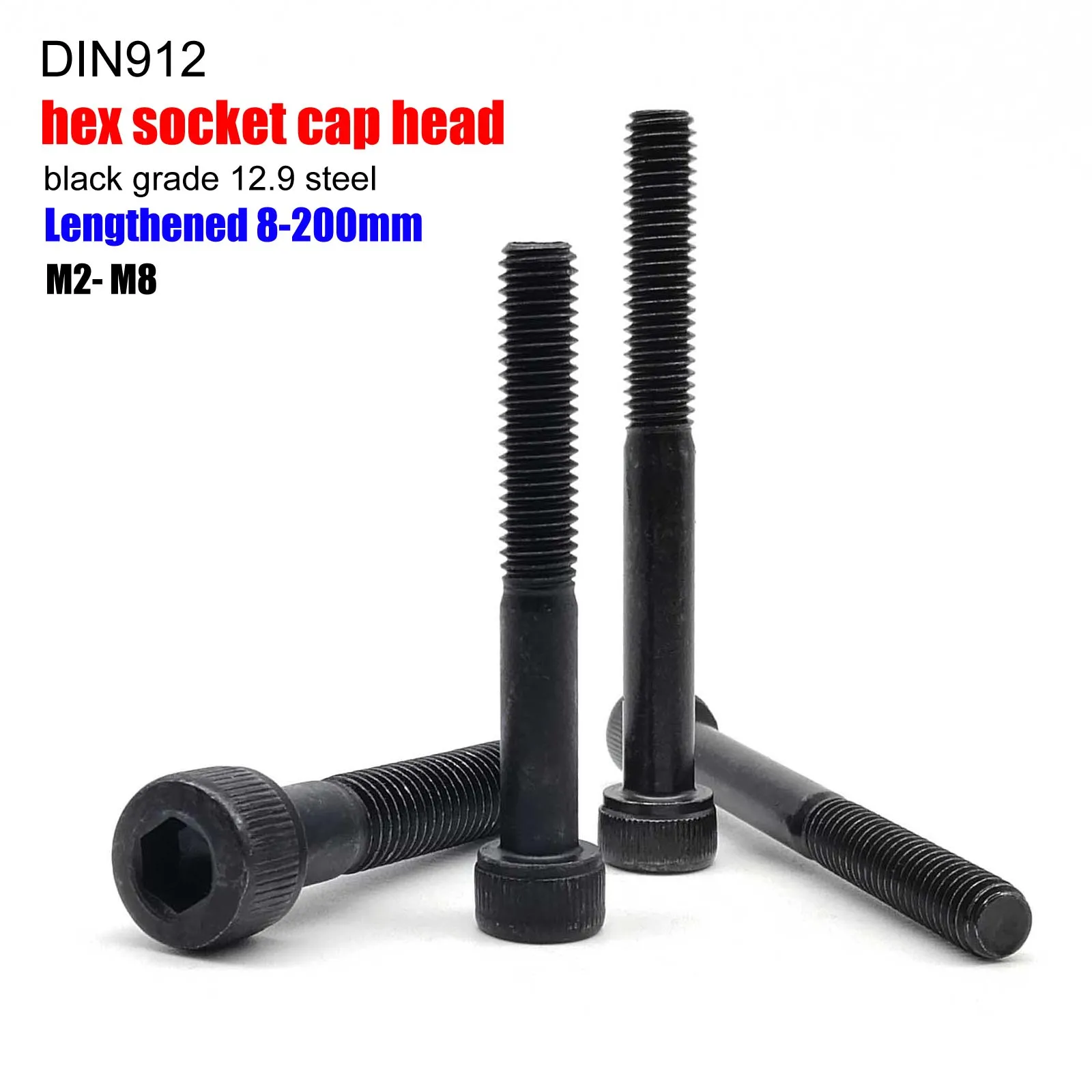 Uzatılmış Uzun 200mm M2 M2.5 M3 M3.5 M4 M5 M6 M8 Siyah Sınıf 12.9 Alaşımlı Çelik Allen Altıgen Soket Başlı Kapak Civatası