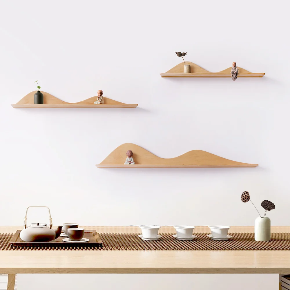 

New Chinese wall decoration solid wood shelf living room background tea room wall decoration display rack Zen wall decoration