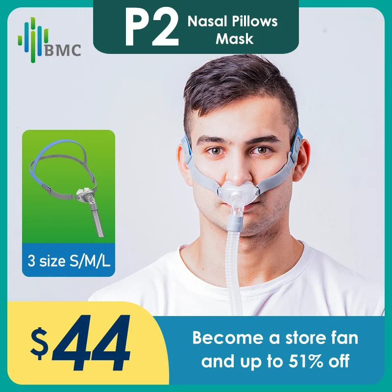 

BMC CPAP Nasal Pillows Mask P2 NP With 3 Sizes Cushions Respirator Tube for Air Breathing Sleeping Apnea Anti Snoring Device