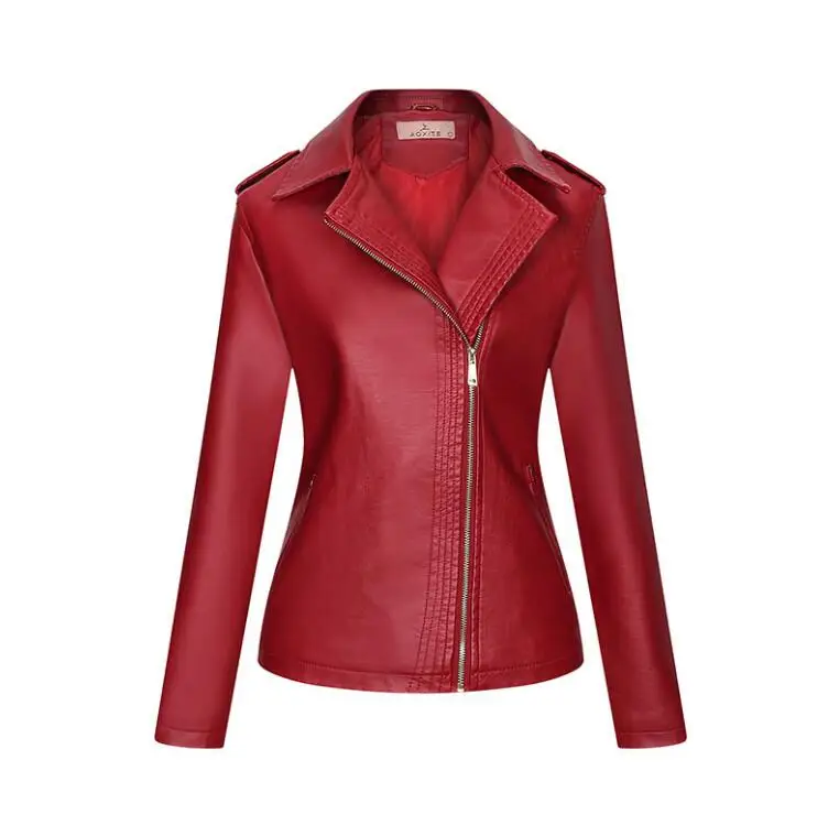 autumn womens leather jacket women Oblique zipper red Motorcycle jackets for women 2022 women's clothing