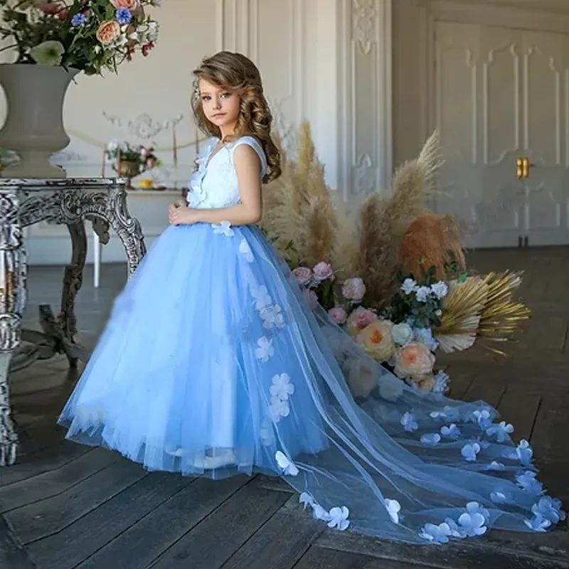 

Flower Girl Dresses For Weddings Tulle Handmade Flowers V Neck Princess Holy First Communion Gowns Party Pageant Dress For Girls