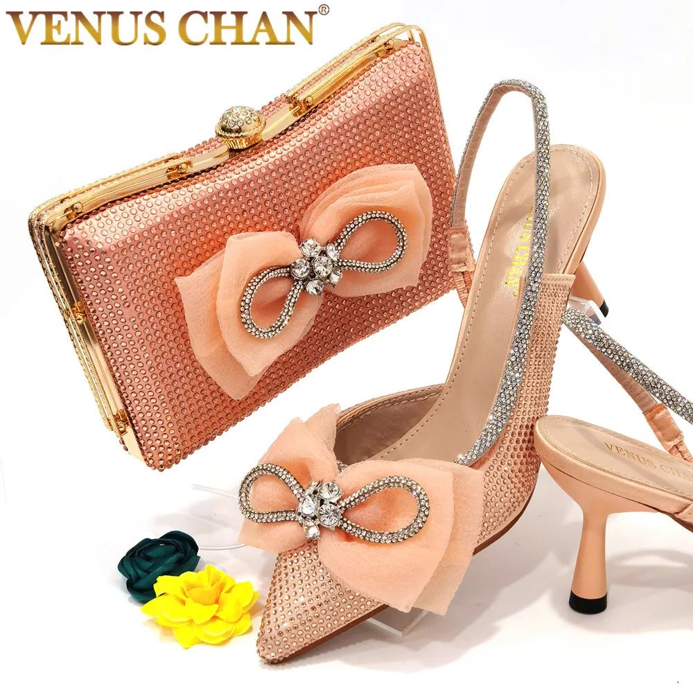 The latest INS Style All-match French Pointed-toe Rhinestone Stiletto High-Heeled Shoes Peach Color Women's Shoes And Bags